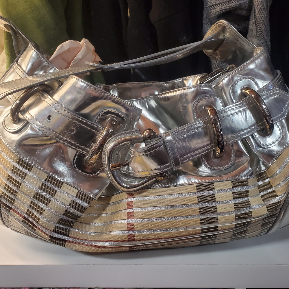 Euc Burberry Metallic Sliced House Check Shoulder Bag